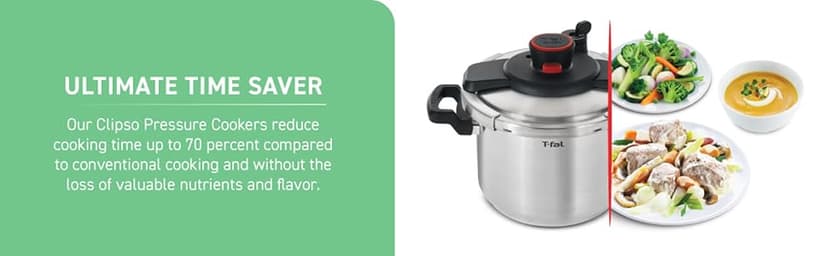 T-fal Clipso Stainless Steel Pressure Cooker 6.3 Quart, Induction, Secure locking System, One Hand System, Recipe Book Included, Cookware, Pots and Pans, Kitchen, Dishwasher Safe, Silver