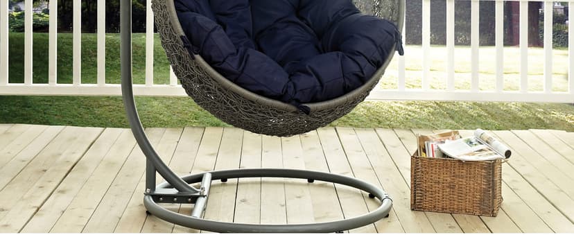 Modway Hide Wicker Rattan Outdoor Patio Porch Lounge Egg Swing Chair Set with Stand in White