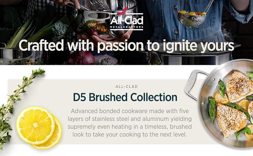 All-Clad D5 Brushed 5 Ply Stainless Steel Cookware Set 10 Piece w/ Frying Pans, Pots and Pans Set, Induction, Oven Broiler Safe 600F, Silver