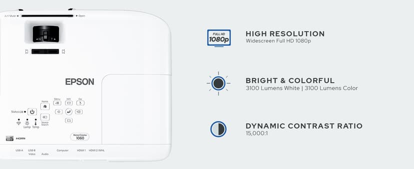 Epson Home Cinema 1060 Full HD 1080p 3,100 Lumens Color Brightness (Color Light Output) 3,100 Lumens White Brightness (White Light Output) 2x Hdmi (1x Mhl) Built-in Speakers 3lcd Projector