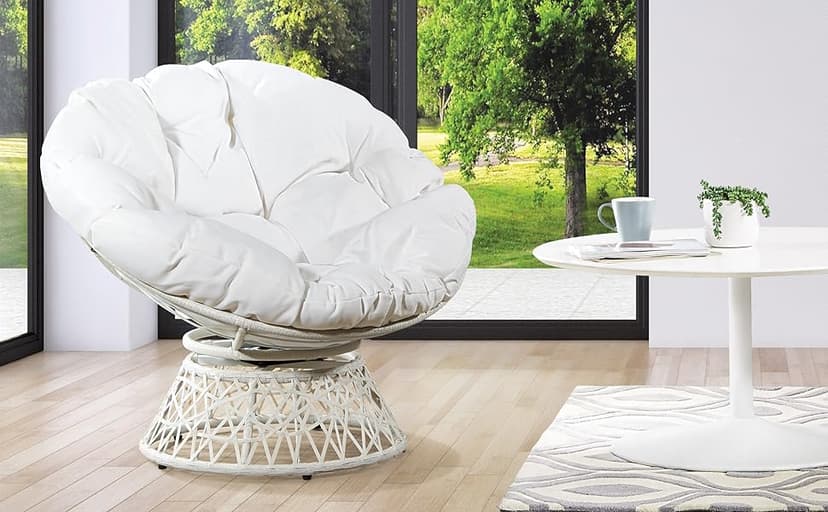 OSP Home Furnishings Wicker Papasan Chair with 360-Degree Swivel, White Frame with White Cushion