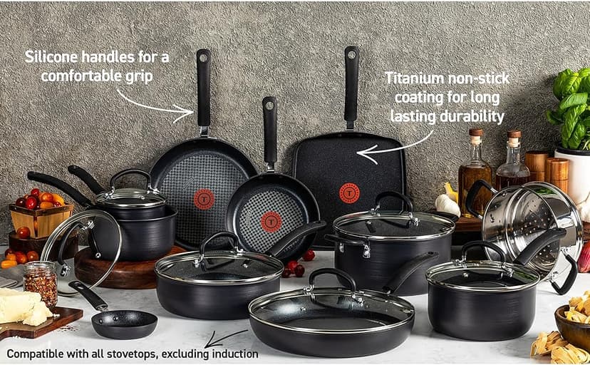 T-fal Ultimate Hard Anodized Nonstick Wok 14 Inch, Oven Broiler Safe 350F, Non Stick Stir-Fry Pan, Cookware, Pots and Pans, Kitchen, Versatile Deep Frying, Sauté, Braise, Stew, Dishwasher Safe, Black