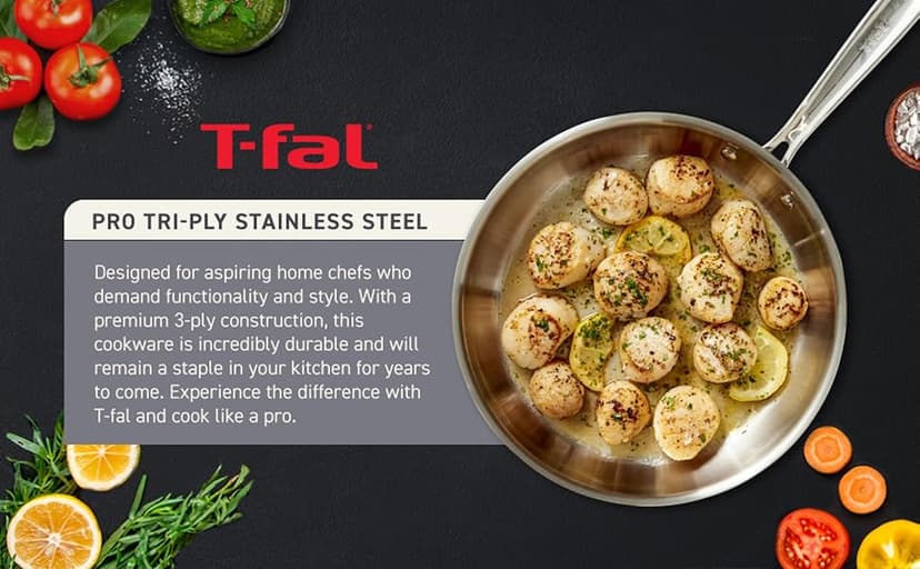 T-Fal Pro Tri-Ply Stainless Steel Cookware Set 13 Piece, Induction Compatible Oven Safe 500F, Lids 350F, Fast & Even Heat, Professional Quality & Durability, Pots and Pans Set, Dishwasher Safe, Silver