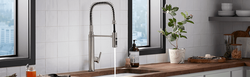 KOHLER 24982-BL Purist Commercial Style Pre-Rinse Kitchen Faucet with 3-Function Sprayhead, Kitchen Sink Faucet with Pull Down Sprayer, Matte Black