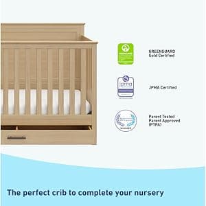 Graco Tristan 5-in-1 Convertible Crib with Drawer (Driftwood) – GREENGUARD Gold Certified, Fits Standard Crib Mattress, Premium Handle, Converts to Toddler Bed, Daybed, and Full-Size Bed