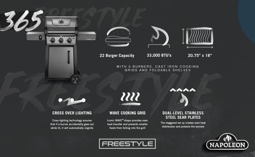 Napoleon Freestyle 365 Propane Gas Outdoor Grill, Graphite Grey – 3-Burner BBQ with Stainless Steel Cooking Grates