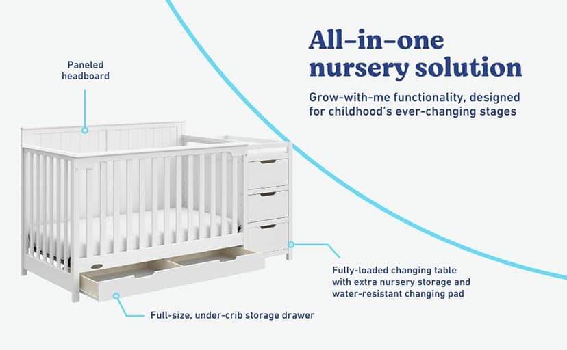 Graco Hadley 5-in-1 Convertible Crib and Changer with Drawer (White) – GREENGUARD Gold Certified, Crib and Changing -Table Combo with Drawer, Includes Baby Changing Pad, Converts to Full-Size Bed