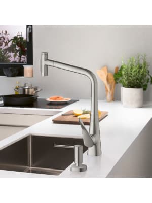 hansgrohe Metris Select Stainless Steel Bar Kitchen Faucet, Kitchen Faucets with Pull Out Sprayer, Faucet for Kitchen Sink, Stainless Steel Optic 73822801