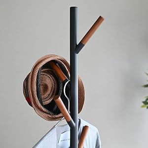 Yamazaki Home Plain Freestanding Coat Hanger Rack With Wooden Hooks, Space Saving, 70" - Steel