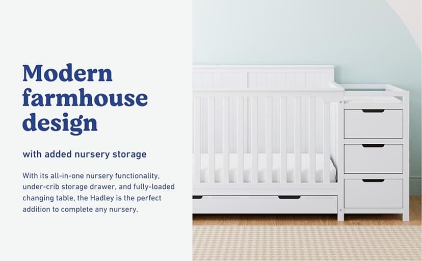 Graco Hadley 5-in-1 Convertible Crib and Changer with Drawer (White) – GREENGUARD Gold Certified, Crib and Changing -Table Combo with Drawer, Includes Baby Changing Pad, Converts to Full-Size Bed