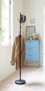 Yamazaki Home Plain Freestanding Coat Hanger Rack With Wooden Hooks, Space Saving, 70" - Steel