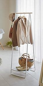 Yamazaki Home Plain Freestanding Coat Hanger Rack With Wooden Hooks, Space Saving, 70" - Steel