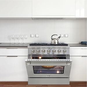 DE360GRSSS Gas Range Cooktop 36-Inch with Porcelain Convection Oven and Broil Function, 6 Sealed Burners and Continuous Grates with Stainless Steel Construction, Silver