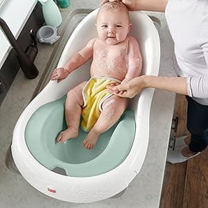 Fisher-Price Baby to Toddler Bath 4-in-1 Sling ‘n Seat Tub with Removable Infant Support and 2 Toys, Climbing Leaves