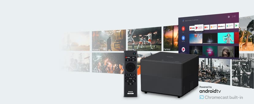 Epson EpiqVision Mini EF12 Smart Streaming Laser Projector, HDR, Android TV, Movies, Family Gaming, Portable, sound by Yamaha, 3LCD, Full HD 1080p, 1000 lumens Color & White Brightness Bluetooth Black