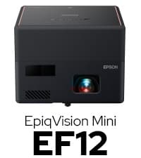 Epson EpiqVision Mini EF12 Smart Streaming Laser Projector, HDR, Android TV, Movies, Family Gaming, Portable, sound by Yamaha, 3LCD, Full HD 1080p, 1000 lumens Color & White Brightness Bluetooth Black