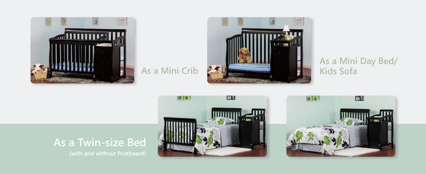 Dream On Me Jayden 4-in-1 Mini Convertible Crib And Changer in Storm Grey, Greenguard Gold Certified, Non-Toxic Finish, New Zealand Pinewood, 1" Mattress Pad