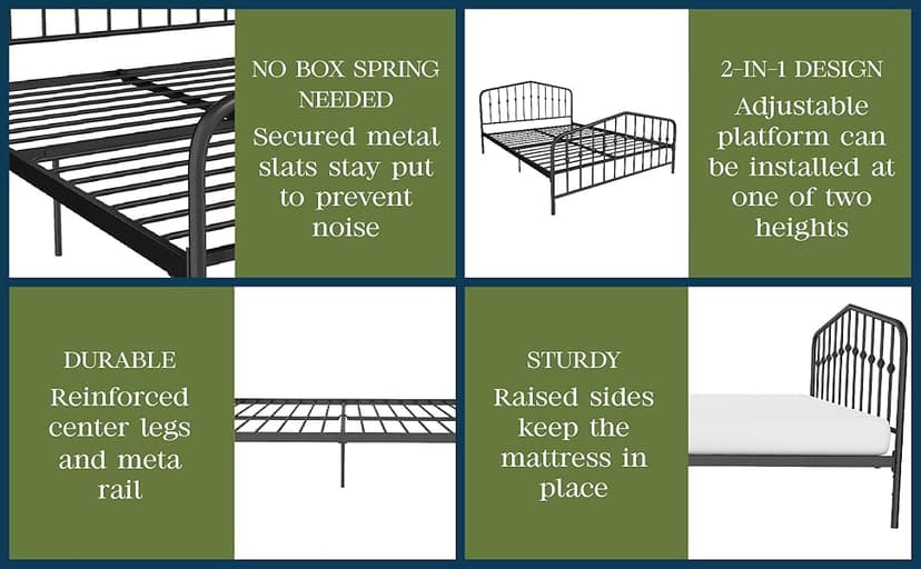 Novogratz Bushwick Modern Metal Bed, Slightly Triangular Headboard and Footboard with Inset Spindles, Adjustable Base Height for Underbed Storage, Requires No Box Spring, King Size - Black