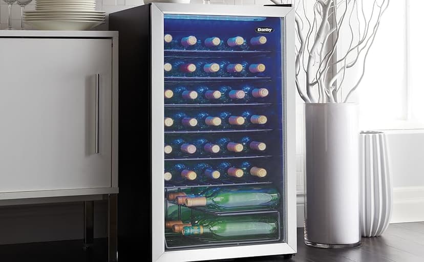 Danby DWC036A1BSSDB-6 3.3 Cu. Ft. Free Standing Wine Cooler, Holds 36 Bottles, Single Zone Fridge with Glass Door-Chiller for Kitchen, Home Bar, Stainless Steel