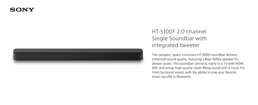 Sony S100F 2.0ch Soundbar with Bass Reflex Speaker, Integrated Tweeter and Bluetooth, (HTS100F), easy setup, compact, home office use with clear sound black