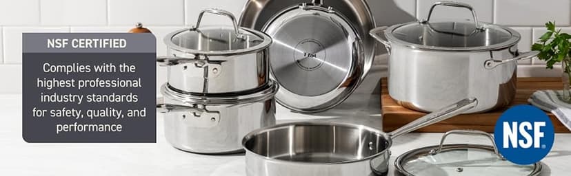 T-Fal Pro Tri-Ply Stainless Steel Cookware Set 13 Piece, Induction Compatible Oven Safe 500F, Lids 350F, Fast & Even Heat, Professional Quality & Durability, Pots and Pans Set, Dishwasher Safe, Silver