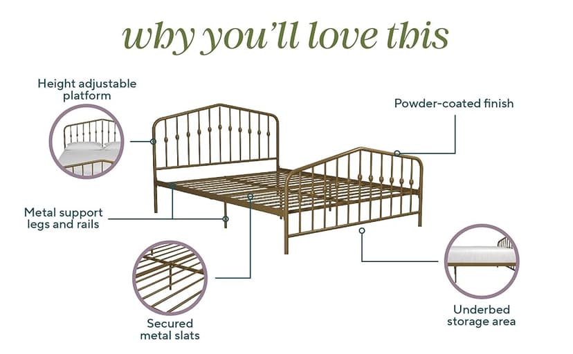 Novogratz Bushwick Modern Metal Bed, Slightly Triangular Headboard and Footboard with Inset Spindles, Adjustable Base Height for Underbed Storage, Requires No Box Spring, King Size - Black