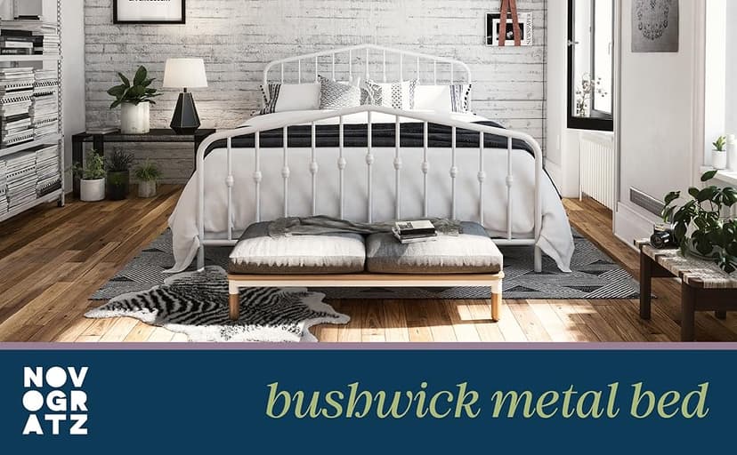 Novogratz Bushwick Modern Metal Bed, Slightly Triangular Headboard and Footboard with Inset Spindles, Adjustable Base Height for Underbed Storage, Requires No Box Spring, King Size - Black