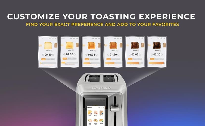 Kalorik Toaster VIVID TOUCH Series 2-Slice with Large High-Resolution Touchscreen and Customizable Cooking Presets by Bread Type, Features Wide Slots and High Lift Lever, 1000-Watts, Stainless Steel