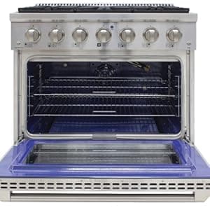 DE360GRSSS Gas Range Cooktop 36-Inch with Porcelain Convection Oven and Broil Function, 6 Sealed Burners and Continuous Grates with Stainless Steel Construction, Silver