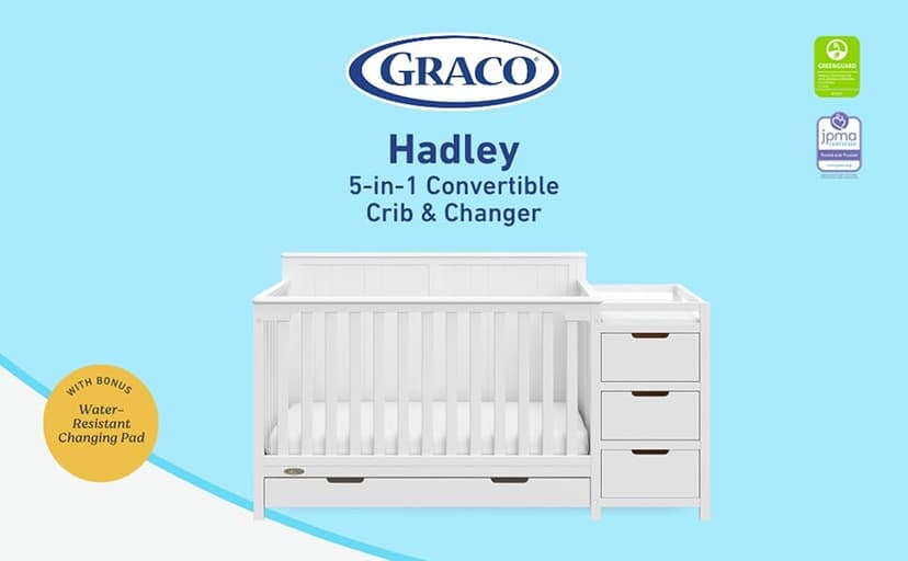 Graco Hadley 5-in-1 Convertible Crib and Changer with Drawer (White) – GREENGUARD Gold Certified, Crib and Changing -Table Combo with Drawer, Includes Baby Changing Pad, Converts to Full-Size Bed