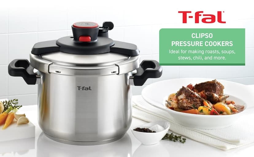 T-fal Clipso Stainless Steel Pressure Cooker 6.3 Quart, Induction, Secure locking System, One Hand System, Recipe Book Included, Cookware, Pots and Pans, Kitchen, Dishwasher Safe, Silver