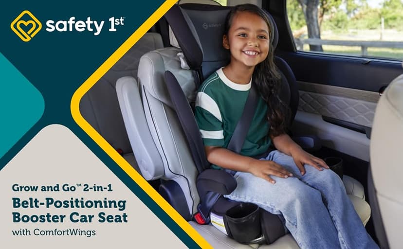Safety 1st Grow and Go 2-in-1 Booster Car Seat with ComfortWings, Converts High-Back to Backless, 19" Wide, Fits 3 Across, Lightweight, Foldable, Easy-Clean, Cup Holders, 40-100 lbs, Black Sand