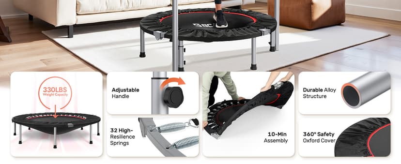 BCAN 40/48" Foldable Mini Trampoline Max Load 330lbs/440lbs, Fitness Rebounder with Adjustable Foam Handle, Exercise Trampoline for Adults Indoor/Garden Workout