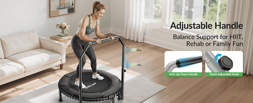 BCAN 40"/48" Mini Rebounder Trampoline for Adults with Bar, 450/550LBS Fitness Trampoline with Bungees, Adjustable Handle, Stable & Quiet, Indoor Outdoor, Whole-Body Workout & Relaxation at Home