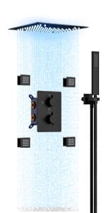 Smart Shower System with Body Jets, Black Shower Head and Handle Set,16" Ceiling Mount Rainfall Waterfall Shower Jets System with Tub Spout,Thermostatic Shower System Bathroom with Music and Led Light