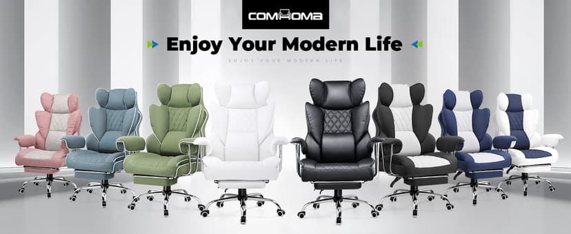 COMHOMA Big and Tall Office Chair, High Back Leather Gaming Chair with Footrest, Executive Ergonomic Office Chair with Pocket Spring Lumbar Support and with Outward Fixed Soft Armrests