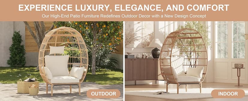 Paito Egg Chair Oversized Lounger, Wicker Egg Rattan Chair Outdoor Indoor, 500 Lbs Egg Shape Balcony Chair for Living Room, Balcony, Backyard