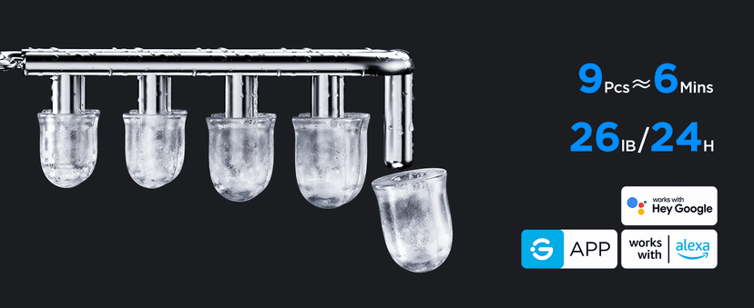 GoveeLife Smart Ice Maker Countertop, Portable Ice Machine with Voice Control, 9 Ice Cubes in 6 Minutes 3 Sizes, 26lbs/24Hrs, Self Cleaning RGB Lights, Quiet Ice Maker with Scoop for Kitchen Silver