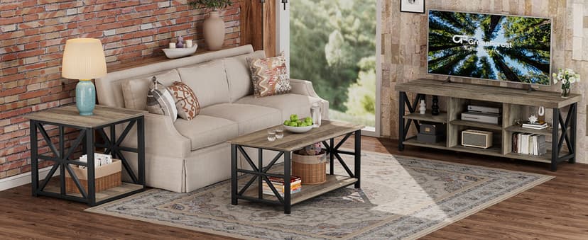 GreenForest End Table with 2-Tier Storage Shelf, 24 inch Large Side Table for Living Room,Modern Nightstand for Bedroom Bedside Office Farmhouse, Grey Wash