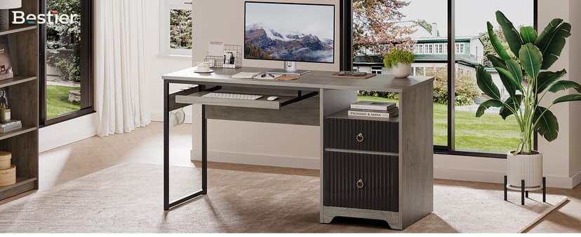 Bestier 55 Inch Computer Desk with Keyboard Tray, Modern Office Desk with Storage, Wood Writing Desk with File Drawer, Fluted Panel & 2 Hooks for Home Office & Studio, Natural Oak