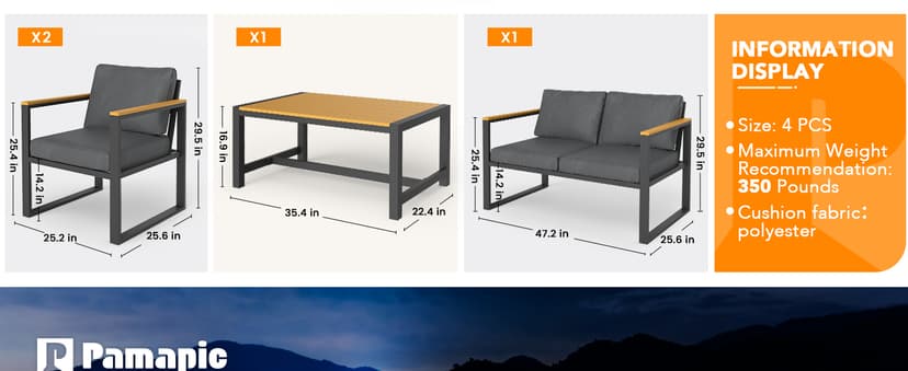 Pamapic 4 Pieces Outdoor Patio Furniture Set, Modern Metal Balcony Furniture with Plastic-Wood Coffee Table, All-Weather Patio Conversation Set with Thick Cushion for Balcony, Porch, Gray