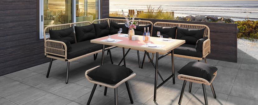 YITAHOME Patio Wicker L-Shaped Furniture Set, All-Weather Rattan Outdoor Conversation Sofa Set for Backyard Deck with Soft Cushions,Ottomans and Plastic Wood Dining Table (Light Brown+Black)