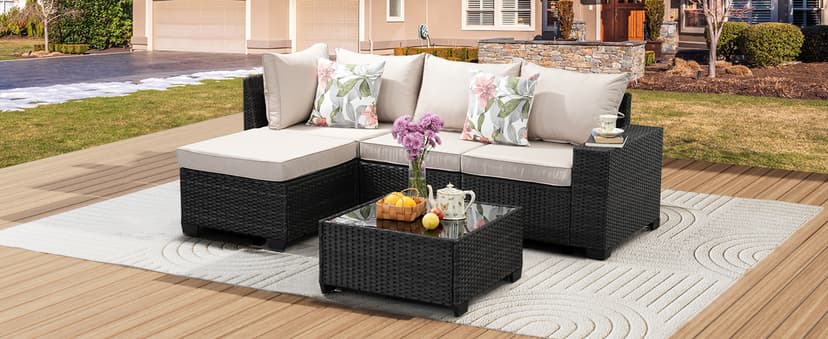 5 Pieces Patio Furniture Set All-Weather Outdoor Wicker Sectional Conversation Sofa Rattan Patio Seating Sofa with Cushion and Glass Table and Ottoman for Porch,Beige