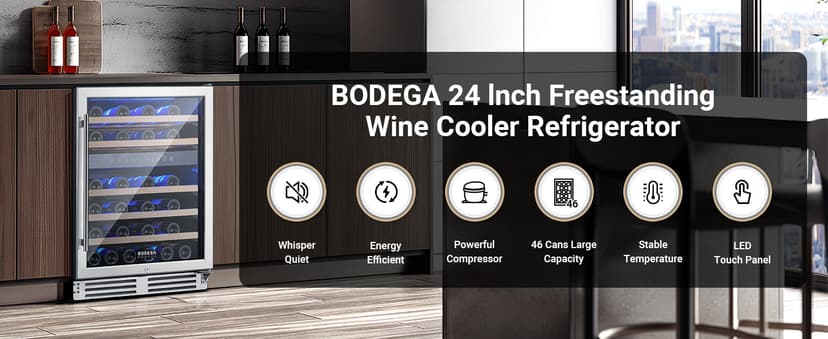 BODEGA 24 Inch Wine Cooler Refrigerator, 46 Bottle Dual Zone Wine Fridge with Double-Layer Tempered Glass Door,wine refrigerator with Temperature Memory Function, Built-in or Freestanding wine cooler.