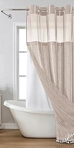 No Hooks Polyester Textured Shower Curtain with Snap-in Fabric Liner Set, Hotel Luxury Decor Shower Curtains for Bathroom with See Through Top Window, Waterproof & Washable, 71Wx74H, Cream