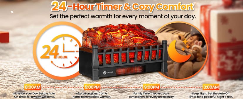 Electric Fireplace Logs Inserts Heater with Infrared Remote, 24 H Timer, 5 Flame Brightness, Thermostat, Overheating Protection for Home & Office