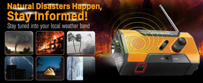 FosPower Emergency Weather Radio (Model A1) NOAA/AM/FM with 7400mWh Portable Power Bank, USB/Solar/Hand Crank Charging, Battery Operated, SOS Alarm & Flashlight for Indoor/Outdoor Emergencies
