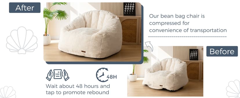 MAXYOYO Giant Bean Bag Chair, Oversized Bean Bag Couch for Adults and Kids, Faux Fur Shell-Shaped Large Chair with Filler, Stuffed Big Accent Sofa Lounge Floor Sofa for Gaming, Reading, Beige