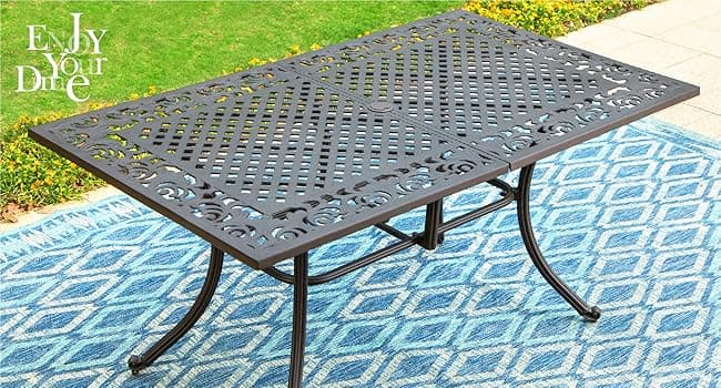 PHI VILLA Cast Aluminum Patio Dining Set for 6 Person, 7 Piece Outdoor Patio Set with 64" x 37" Cast-Top Aluminum Table(2.3" Umbrella Hole), 4 Dining Chairs and 2 Swivel Rockers with Seat Cushions