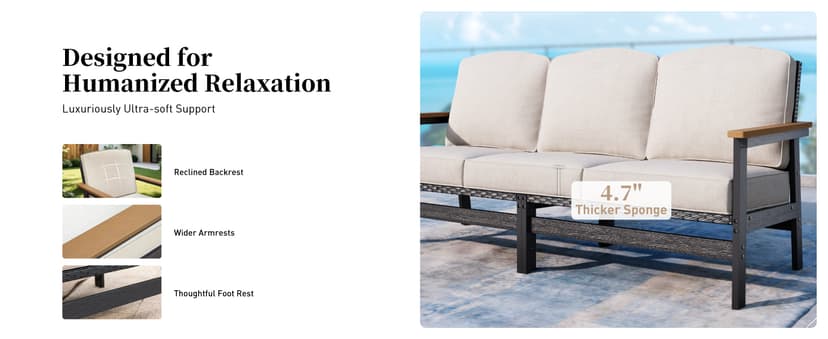 HDPE Outdoor Patio Furniture 4-Piece Set, All Weather Modern Patio Conversation Sets with Wood-grain Extended Table, Outdoor Patio Couch Set, Black Frame with Beige 4.7" Thick Cushions